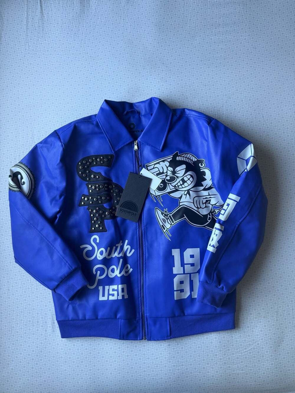 Southpole Midnight Riot Faux Leather Varsity Jacket Royal